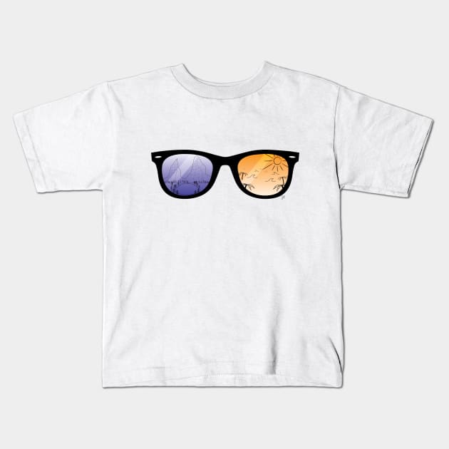 Sunglasses with Beach and Mountains Orange and Blue Kids T-Shirt by JDP Designs